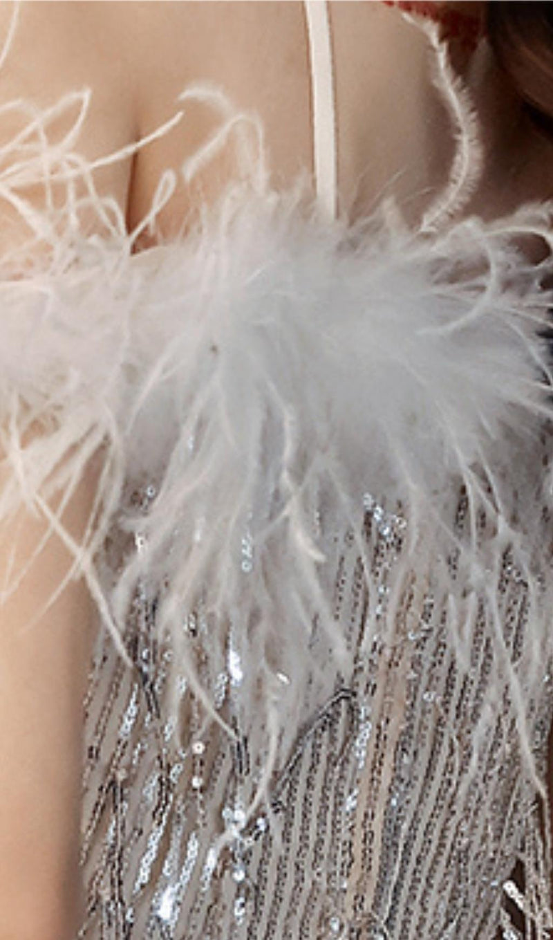 CHAMPAGNE FEATHER SEQUIN MAXI DRESS styleofcb 