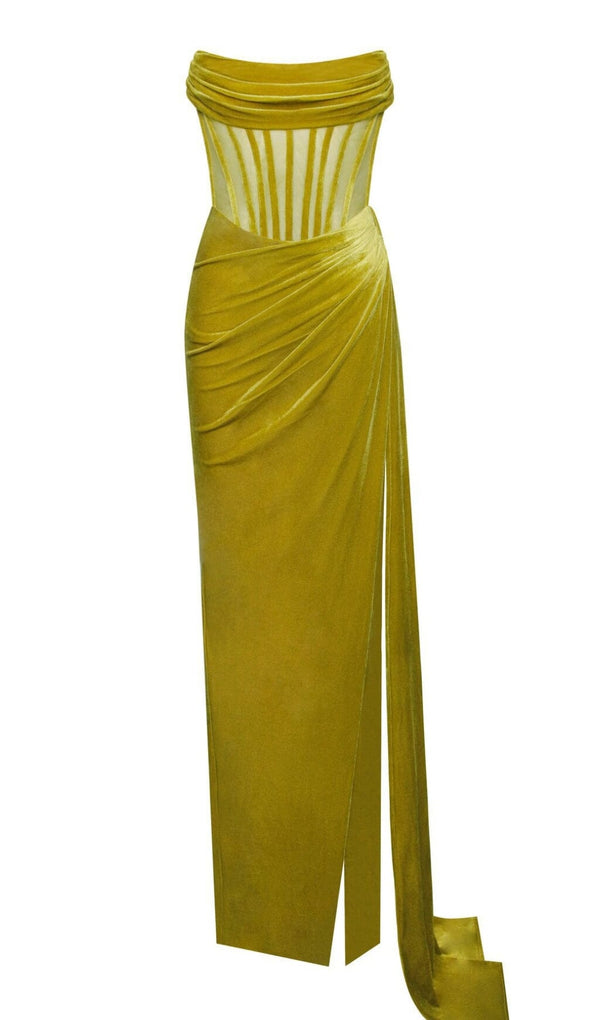 PRIYA GOLD DRAPING CORSET HIGH SLIT VELVET GOWN Dresses styleofcb 