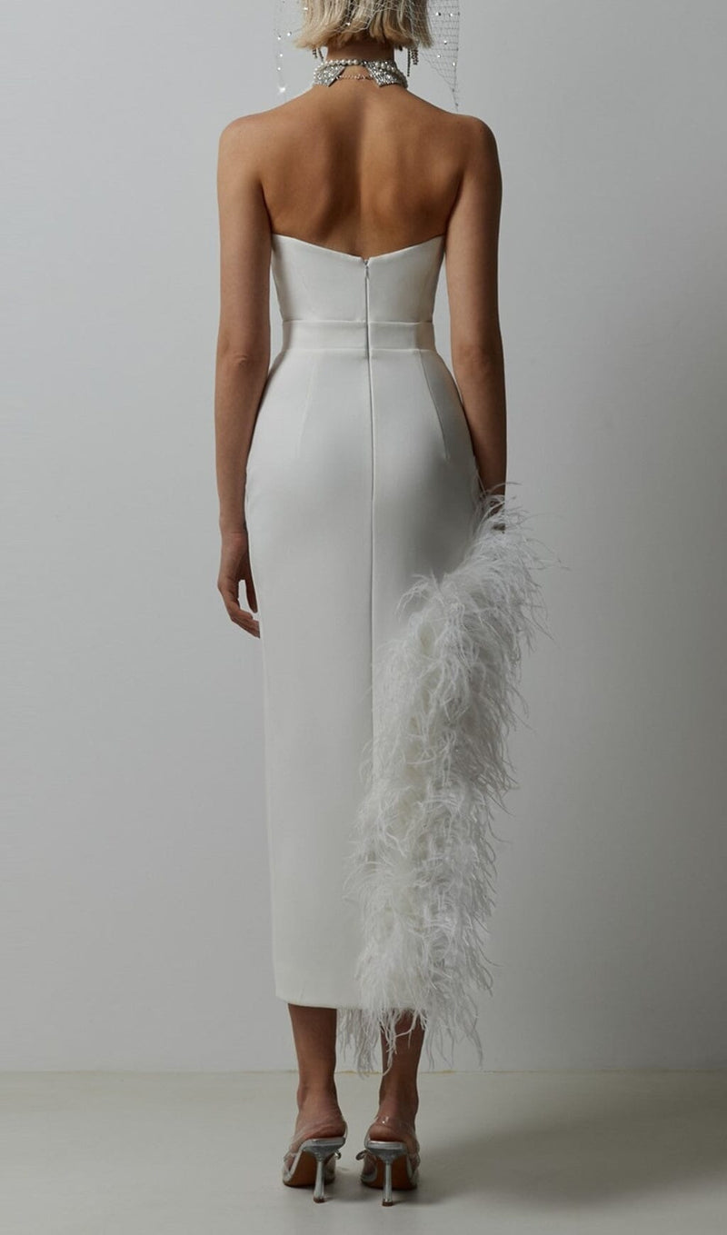 STRAPLESS FEATHER MIDI DRESS IN WHITE styleofcb 