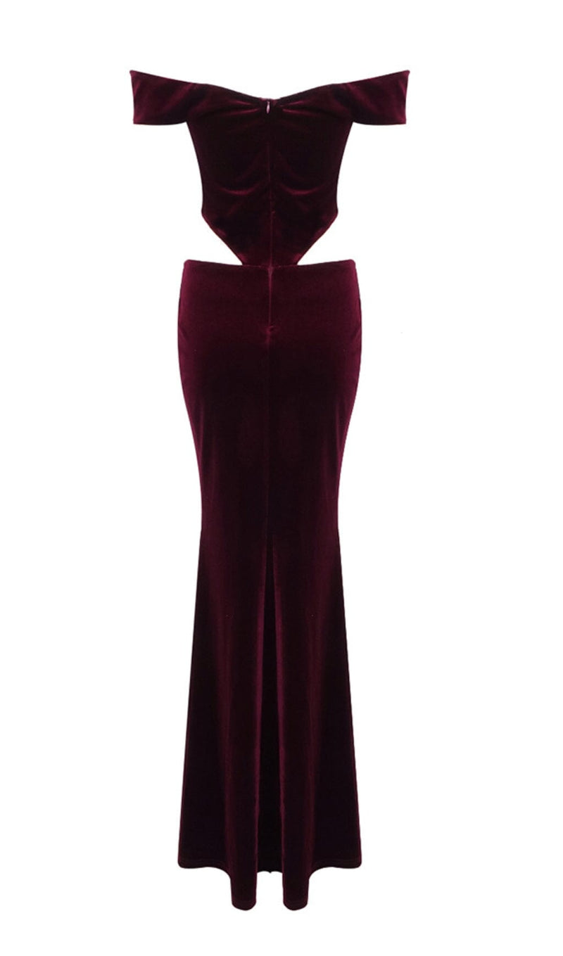 OFF SHOULDER WAIST HOLLOW VELVET MAXI DRESS IN BURGUNDY styleofcb 