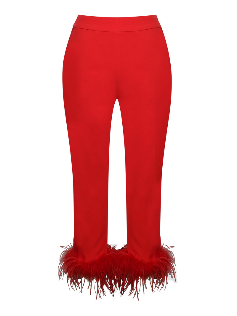 RED BLAZER SUIT WITH FEATHER TRIM Bottoms styleofcb 