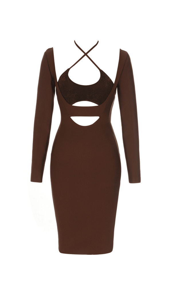 BANDAGE CUT-OUT LACE PATCHWORK EMBELLISHED DRESS COFFEE styleofcb 