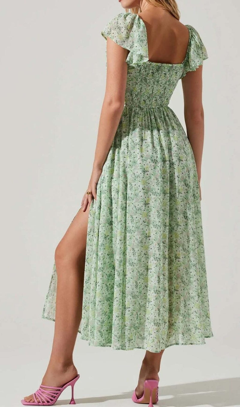 FLORAL COLD SLEEVE MIDI DRESS IN GREEN DRESS STYLE OF CB 