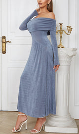 GREY-BLUE OFF SHOULDER MIDI DRESS styleofcb 
