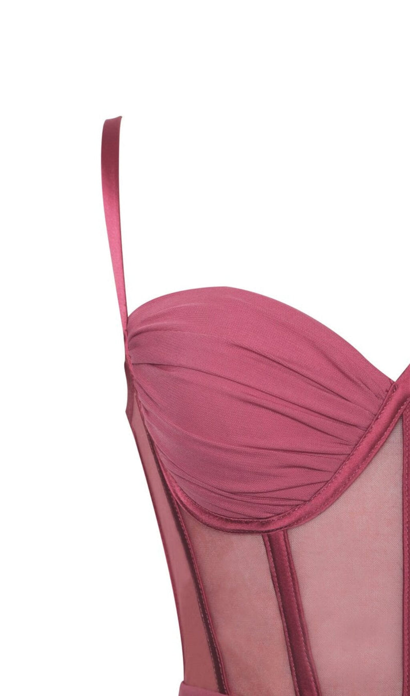 YOLIE SALMON PINK RUCHED DRAPING MESH CORSET DRESS Dresses styleofcb 
