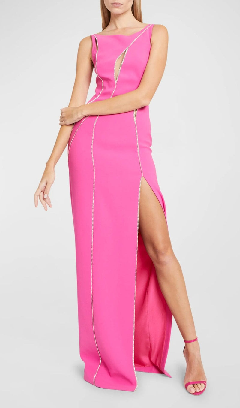 CRYSTAL WAVY CUTOUT THIGH-SLIT CADY GOWN styleofcb 