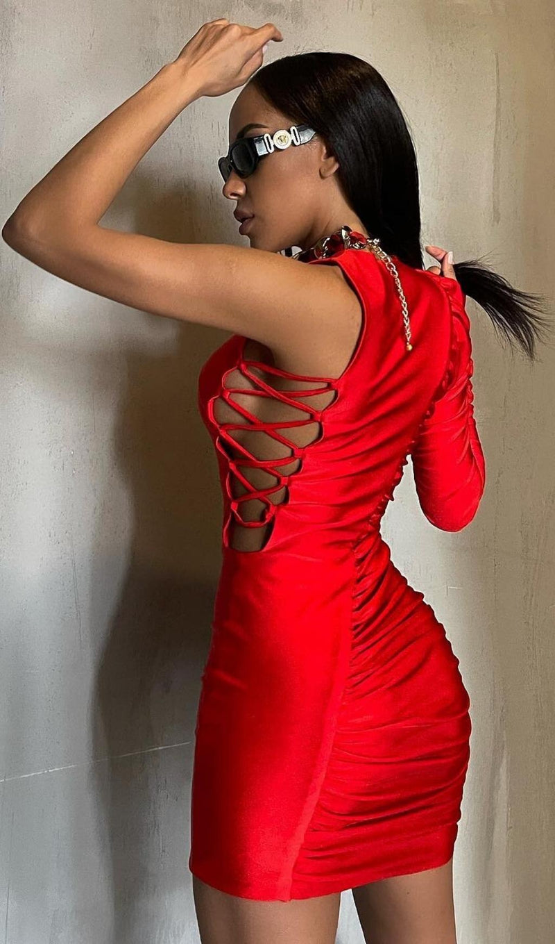 ONE SHOULDER RUCHED MINI DRESS IN RED styleofcb 