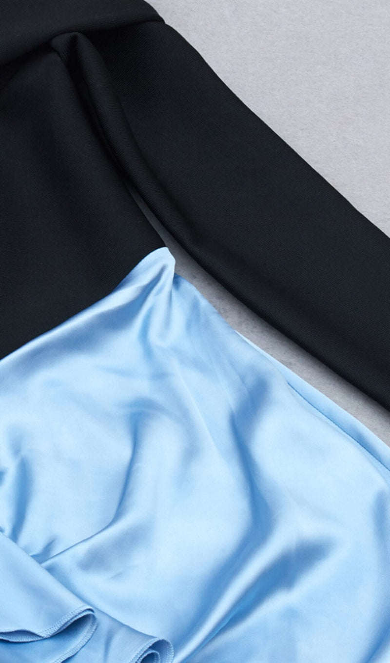 ONE-LINE SHOULDER LOTUS LEAF FISH TAIL DRESS IN BLACK AND BLUE SPLICED styleofcb 