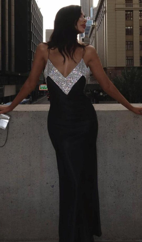 BLACK V-NECK RHINESTONE DECORATIVE SUSPENDER DRESS styleofcb 