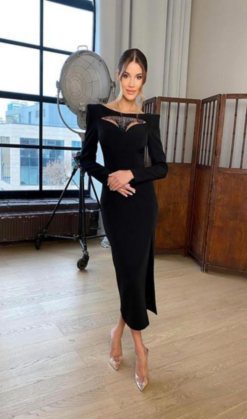 CUT OUT LONG SLEEVES MIDI DRESS IN BLACK styleofcb 