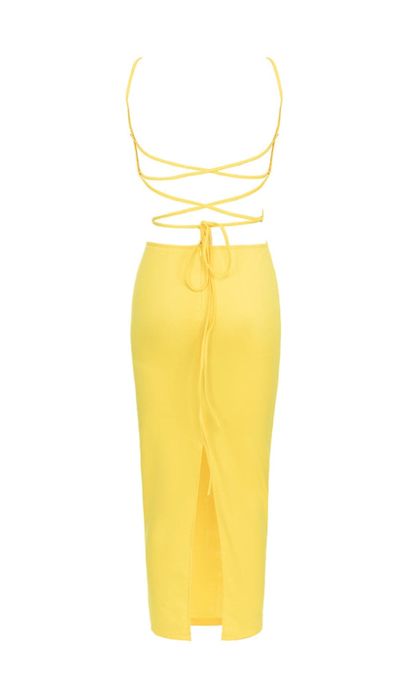CRISSCROSS HALTERNECK CUTOUT MIDI DRESS IN YELLOW styleofcb 