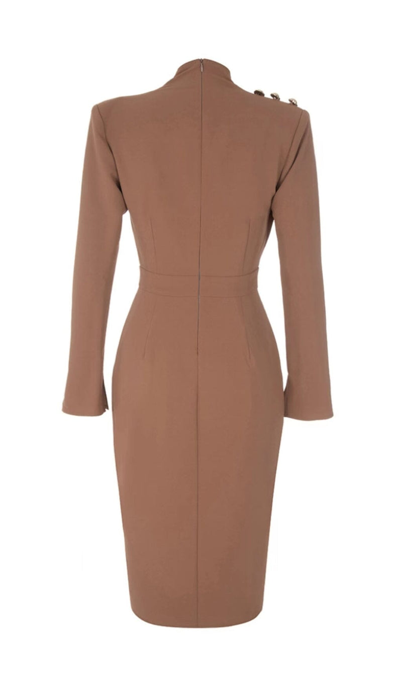 IRREGULAR PLEATED HIGH SPLIT METAL BUCKLE DRESS IN CAMEL styleofcb 