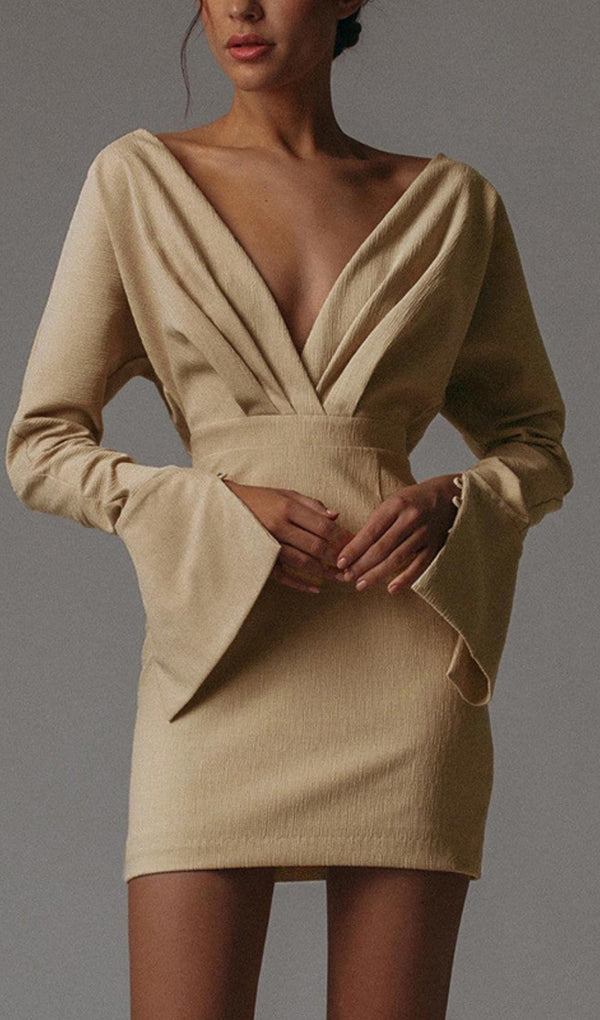 LONG SLEEVES V NECK MINI DRESS Dresses styleofcb S APRICOT 