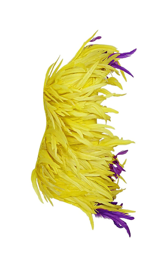 ASYMMETRIC FEATHER MINI DRESS IN YELLOW styleofcb 