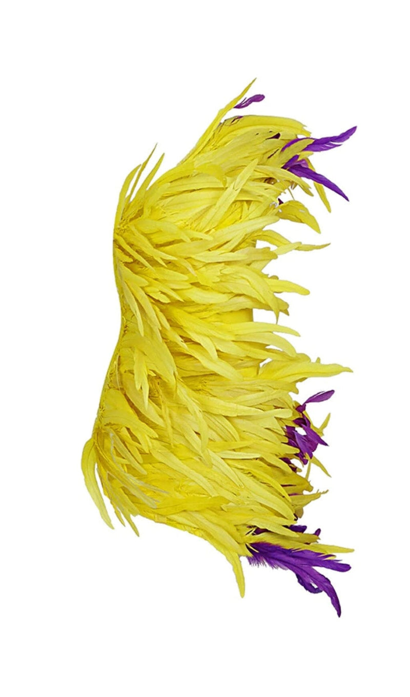 ASYMMETRIC FEATHER MINI DRESS IN YELLOW styleofcb 