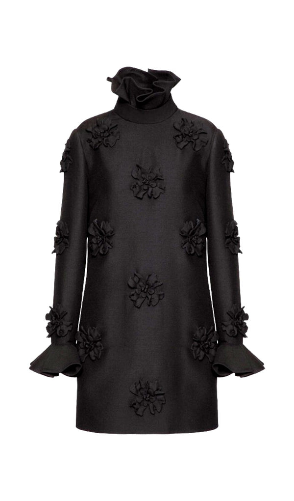 GIANNA STEREO FLOWER RUFFLE MINI DRESS IN BLACK styleofcb 
