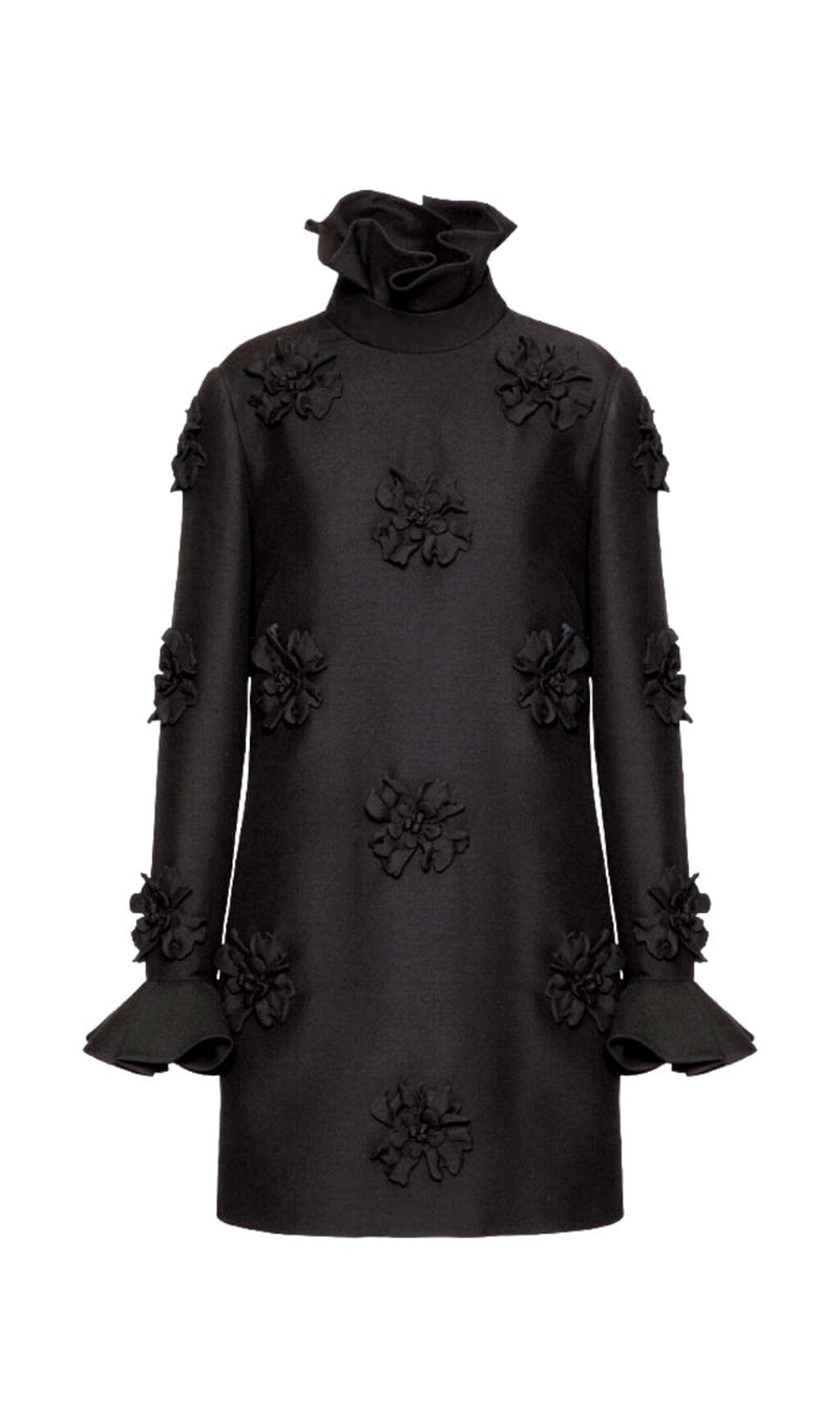 GIANNA STEREO FLOWER RUFFLE MINI DRESS IN BLACK styleofcb 