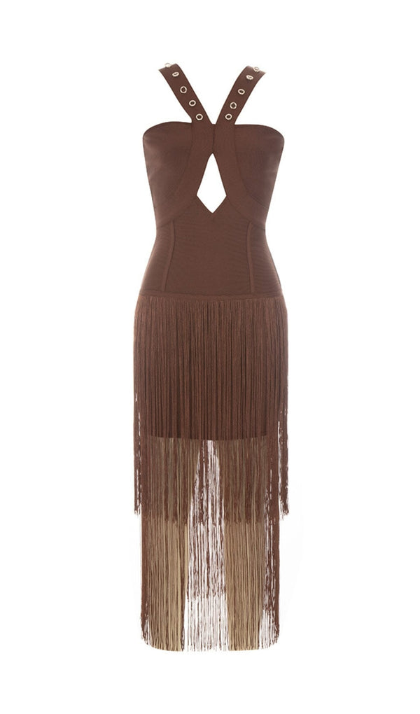 BROWN SLEEVELESS CHEST HOLLOW FRINGE HEM SKINNY MAXI DRESS styleofcb 