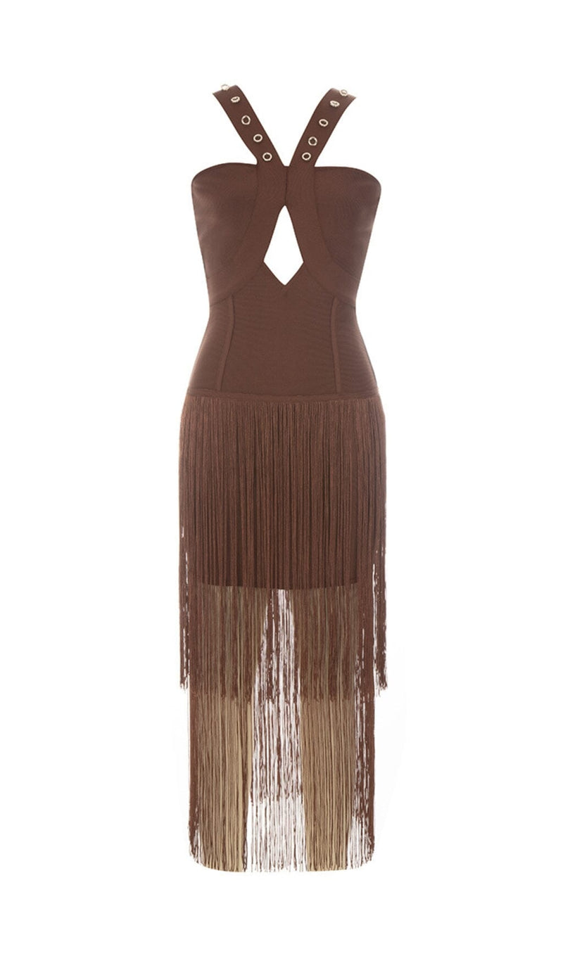 BROWN SLEEVELESS CHEST HOLLOW FRINGE HEM SKINNY MAXI DRESS styleofcb 