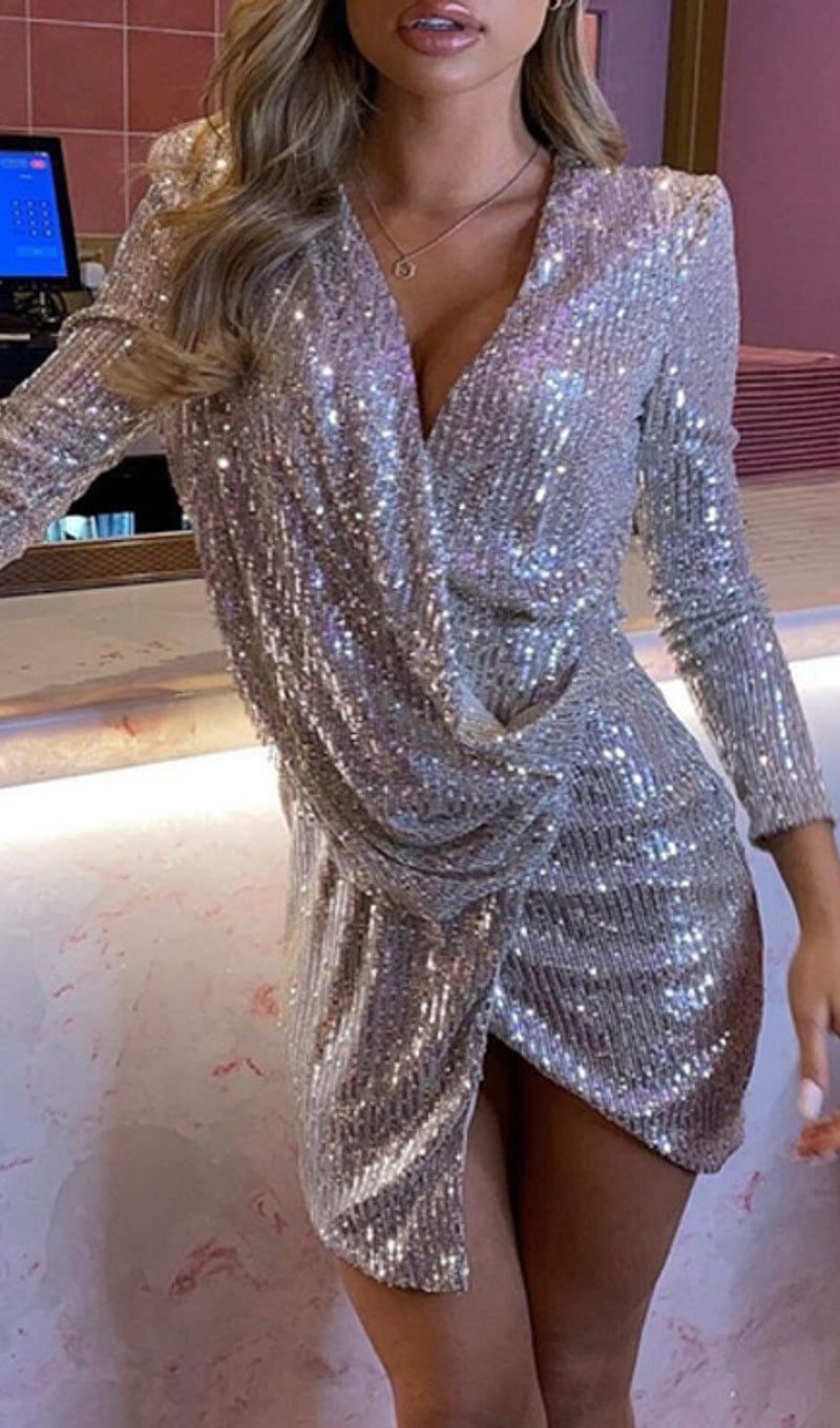 SEQUIN IRREGULAR PLEATED FASHION MINI DRESS IN SILVER styleofcb 