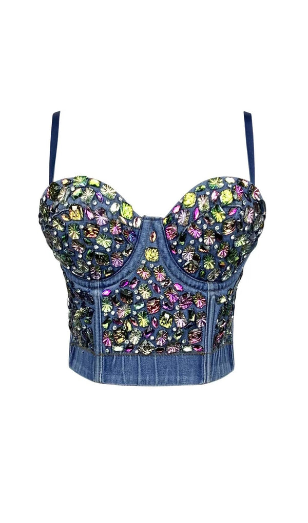 DENIM CRYSTAL EMBELLISHED CROPPED TOP IN NAVY BLUE DRESS STYLE OF CB 