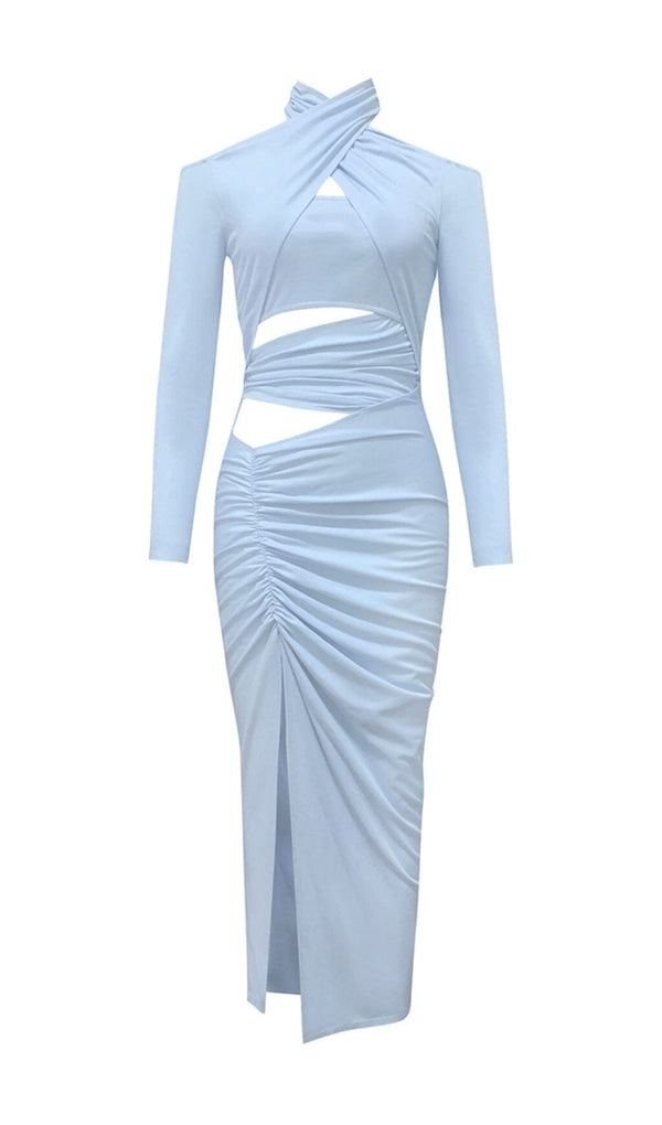 SKY BLUE HANGING NECK OFF-THE-SHOULDER WAIST HOLLOW HIGH SLIT STRETCH MIDI DRESS styleofcb 