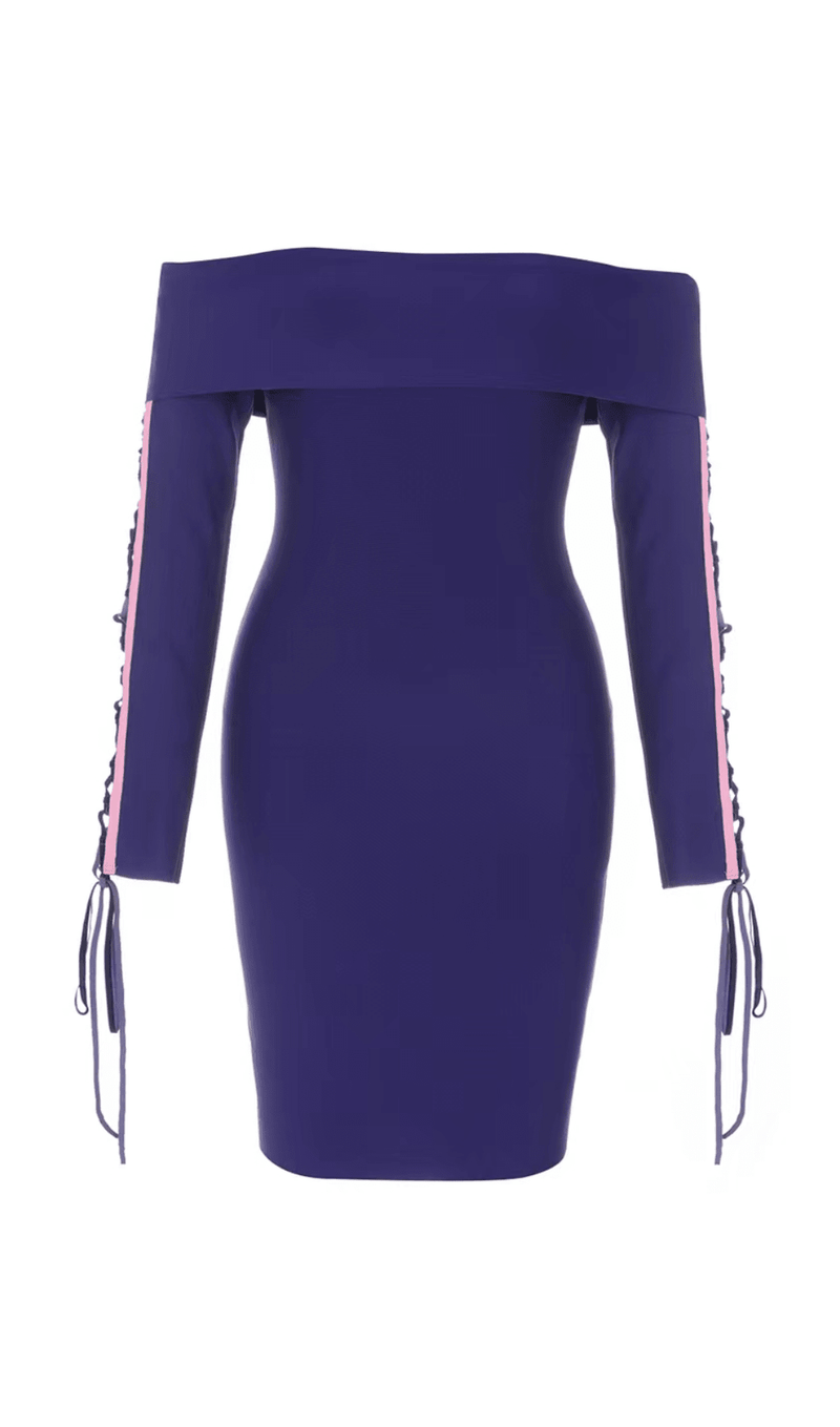 BANDAGE ONE NECK TIE LONG SLEEVE MINI DRESS IN PURPLE BLUE styleofcb 