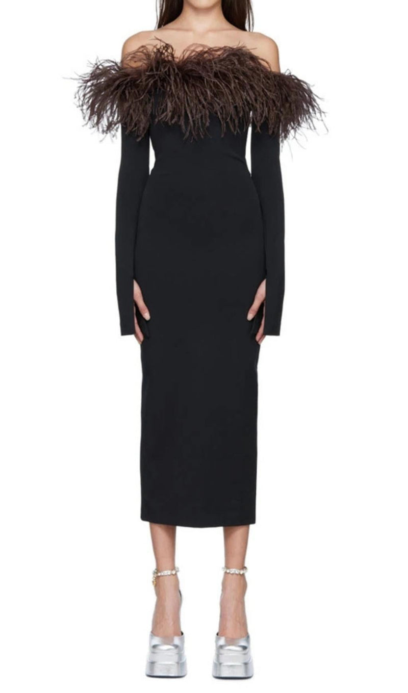 FEATHER OFF THE SHOULDER MIDI DRESS Dresses styleofcb 
