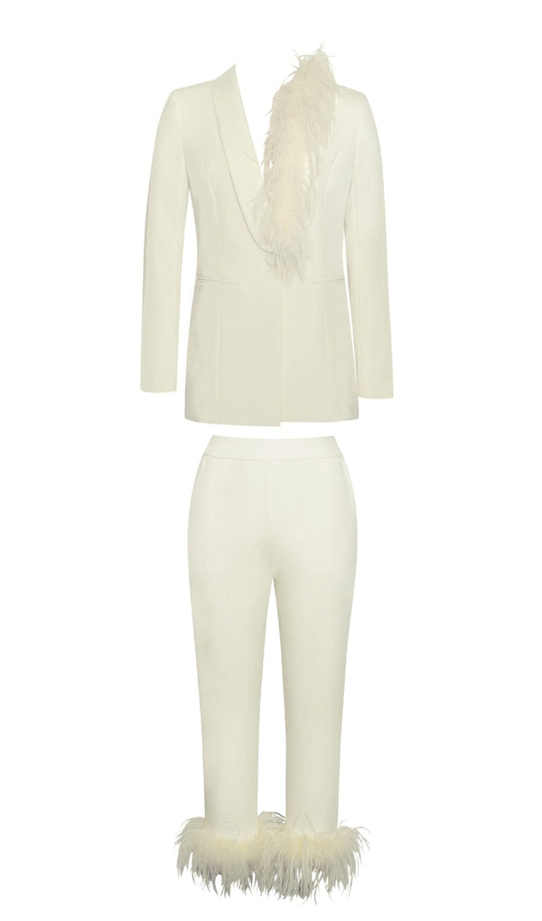 CREAM WHITE BLAZER SUIT WITH FEATHER TRIM Bottoms styleofcb 