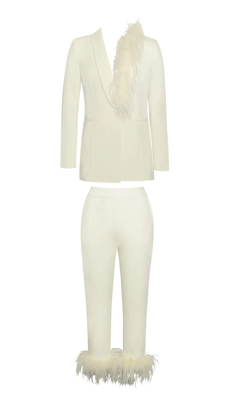 CREAM WHITE BLAZER SUIT WITH FEATHER TRIM Bottoms styleofcb 