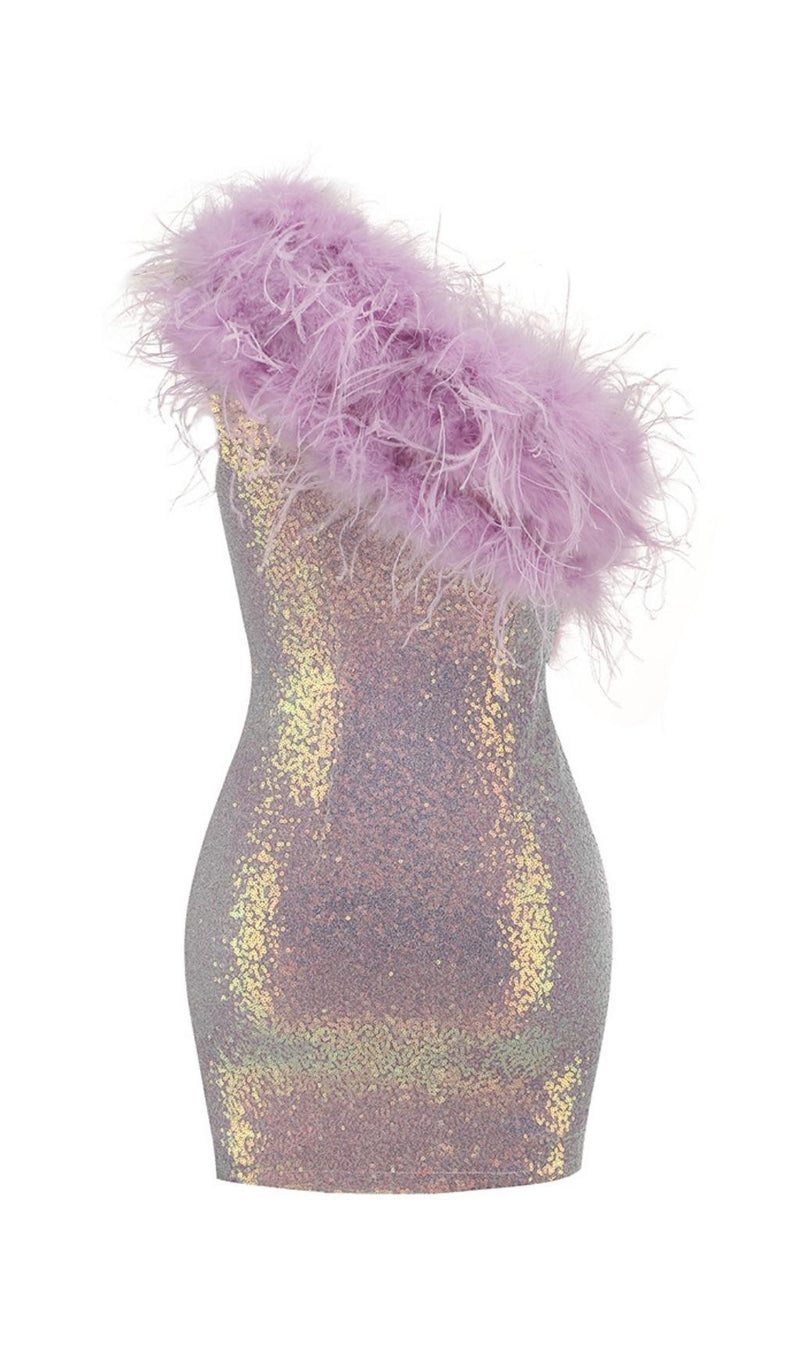 PURPLE ONE SHOULDER SEQUIN FEATHER MINI DRESS Dresses styleofcb 