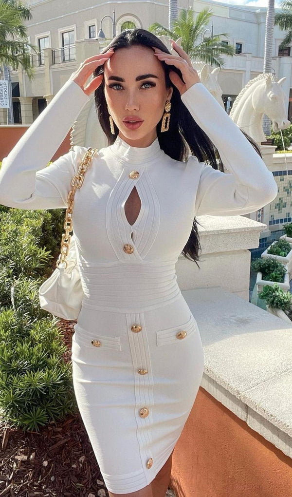 CUTOUT LONG SLEEVE MINI DRESS IN WHITE styleofcb 
