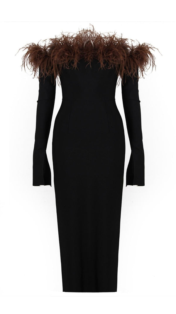 FEATHER OFF THE SHOULDER MIDI DRESS Dresses styleofcb S BLACK 