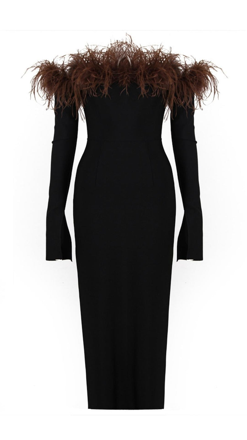FEATHER OFF THE SHOULDER MIDI DRESS Dresses styleofcb S BLACK 
