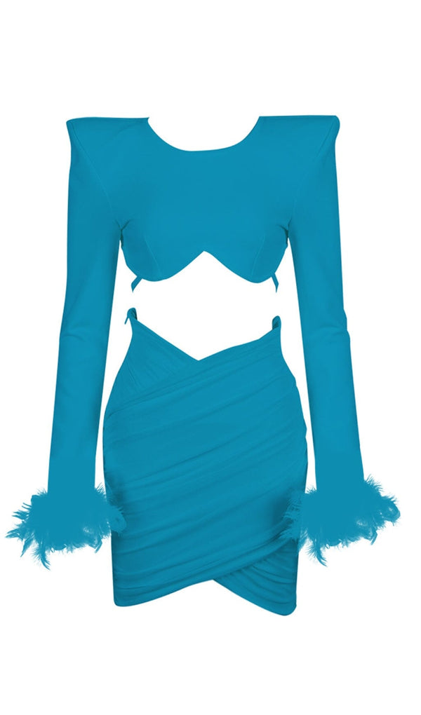 SHOULEDR PAD WAIST BARING FEATHER BLOUSE PLEATED DRESS IN BLUE styleofcb 