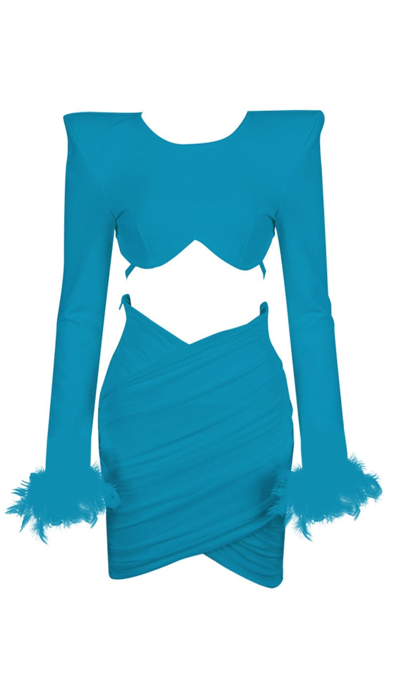 SHOULEDR PAD WAIST BARING FEATHER BLOUSE PLEATED DRESS IN BLUE styleofcb 