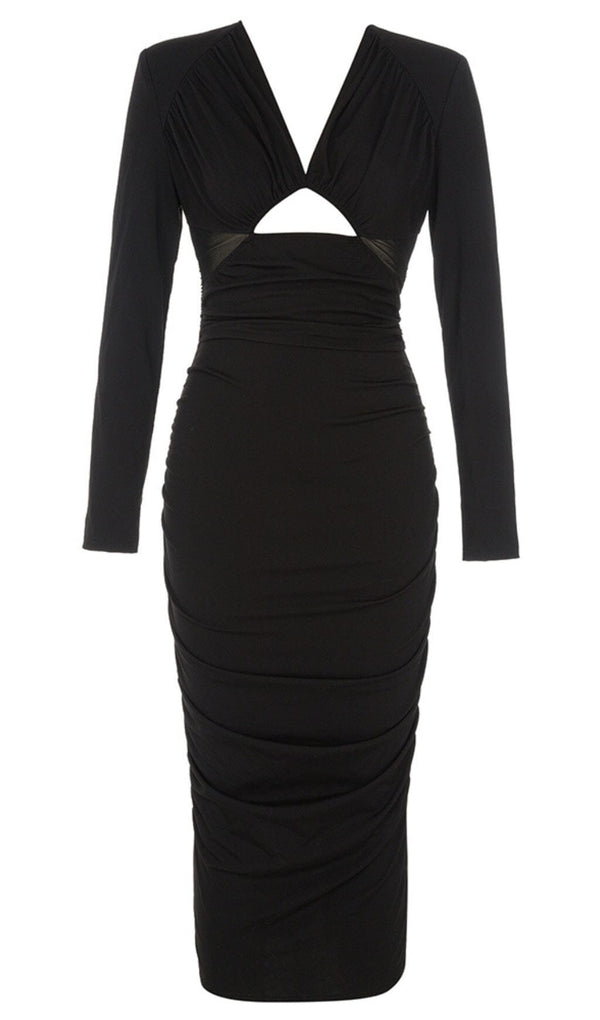 LONG SLEEVED V NECK PLEATED MIDI DRESS IN BLACK DREESES styleofcb 