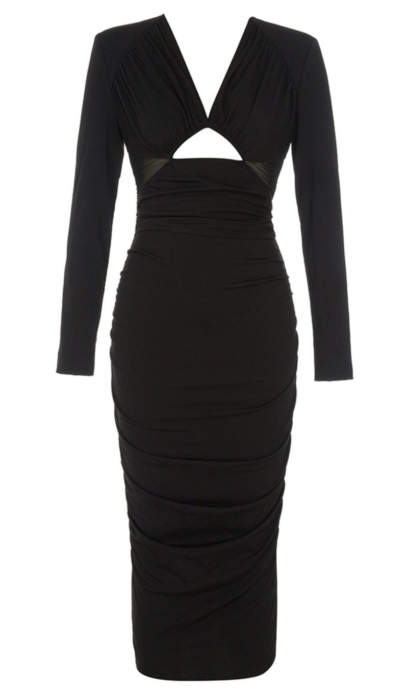 LONG SLEEVED V NECK PLEATED MIDI DRESS IN BLACK DREESES styleofcb 