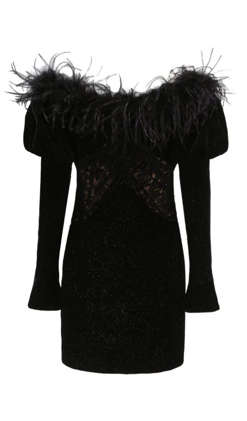 OFF SHOULDER OSTRICH FUR DECORATIVE SLIM-FIT MINI DRESS IN BLACK styleofcb 