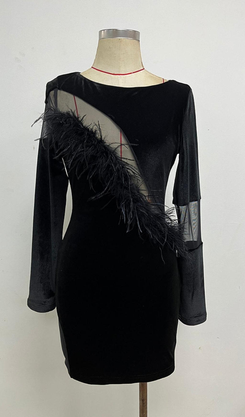 LONG SLEEVES FEATHER MINI DRESS IN BLACK styleofcb 