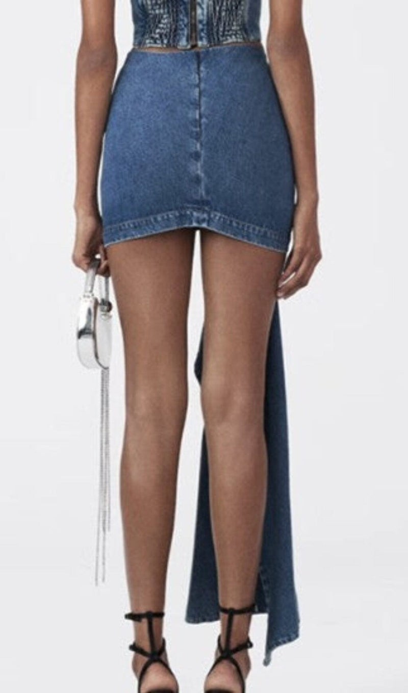 MOICU FLOWER ASYMMETRIC HEM DENIM SKIRT styleofcb 