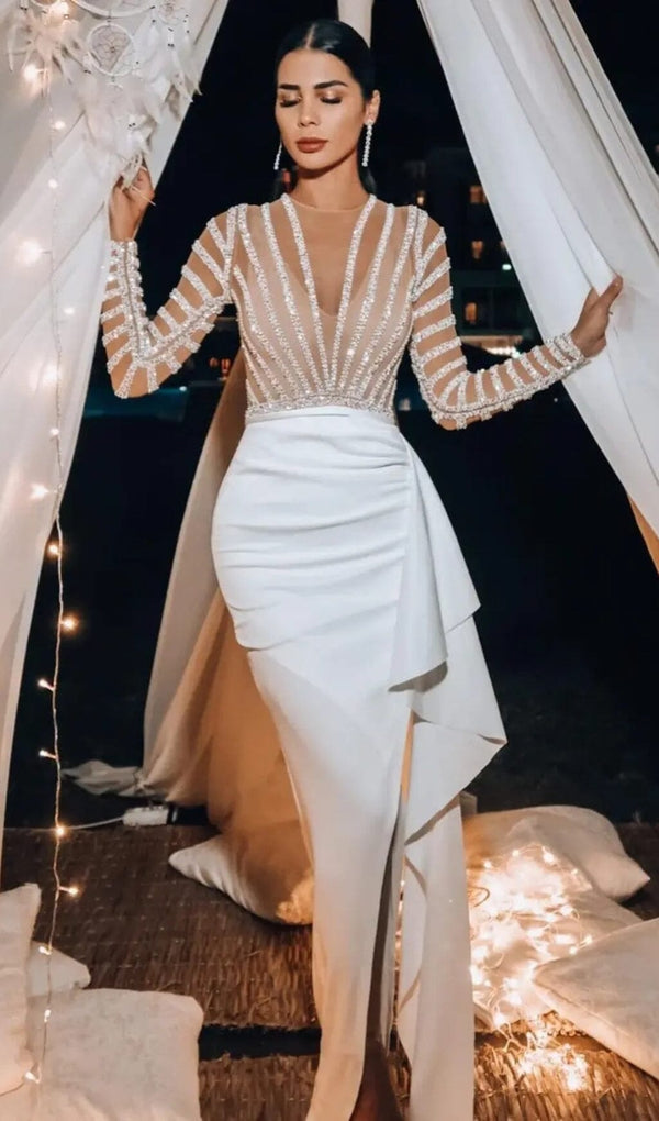 DIAMOND PERSPECTIVE IRREGULAR HEMLINE DRESS IN WHITE styleofcb 