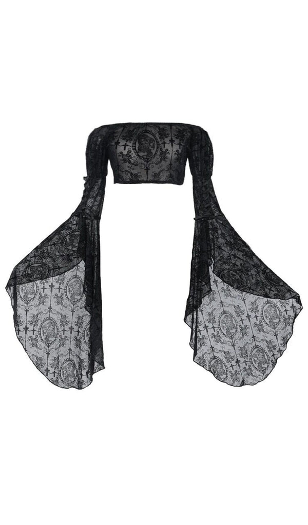 GOTHIC BLACK SLASH NECK LONG FLARE SLEEVE BLOUSE sis label 