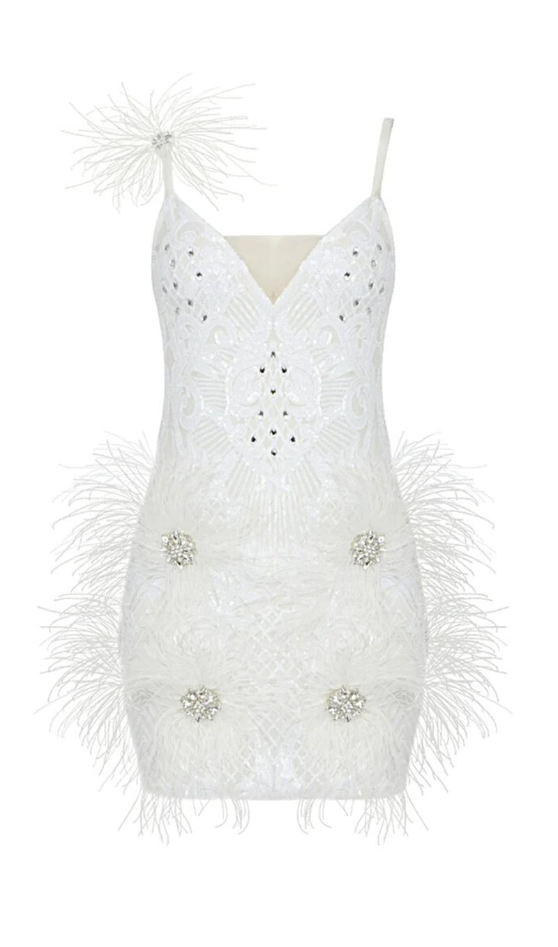 FEATHER BANDAGE MINI DRESS IN WHITE styleofcb 