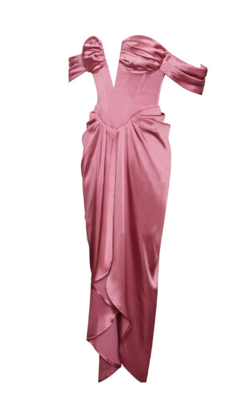 XOPHIA MAUVE PINK OFF SHOULDER SATIN CORSET HIGH SLIT DRESS Dresses styleofcb 