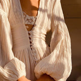 BUTTON-FRONT PUFFED SLEEVES MAXI DRESS IN BEIGE DRESS STYLE OF CB 
