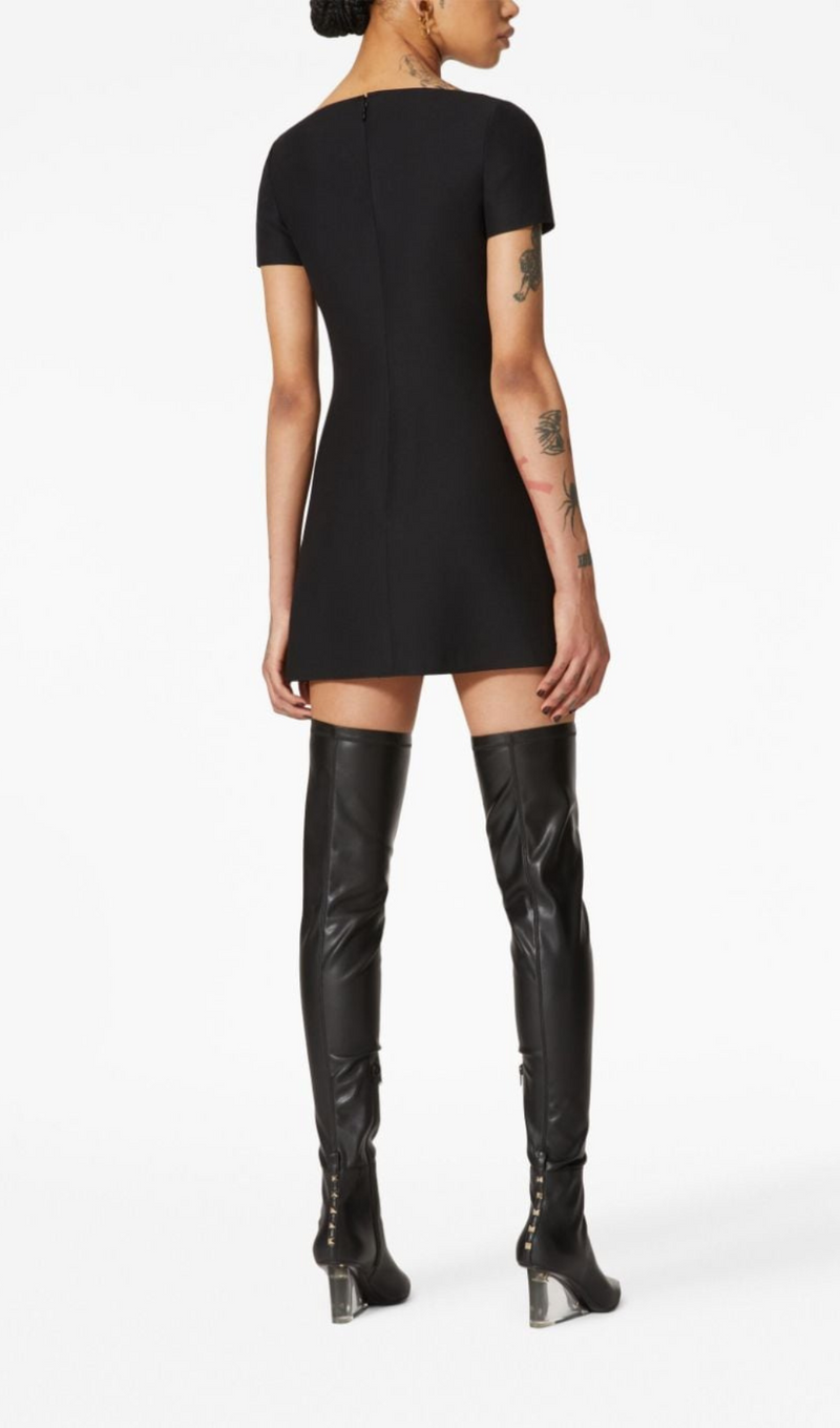 BLACK BOW PATCHWORK SHORT-SLEEVED DRESS