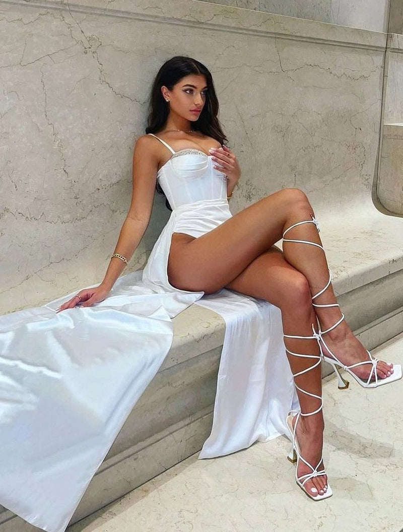 Vanity White Satin High Slit Draping Corset Gown With Crystals Dresses Oh CiCi 