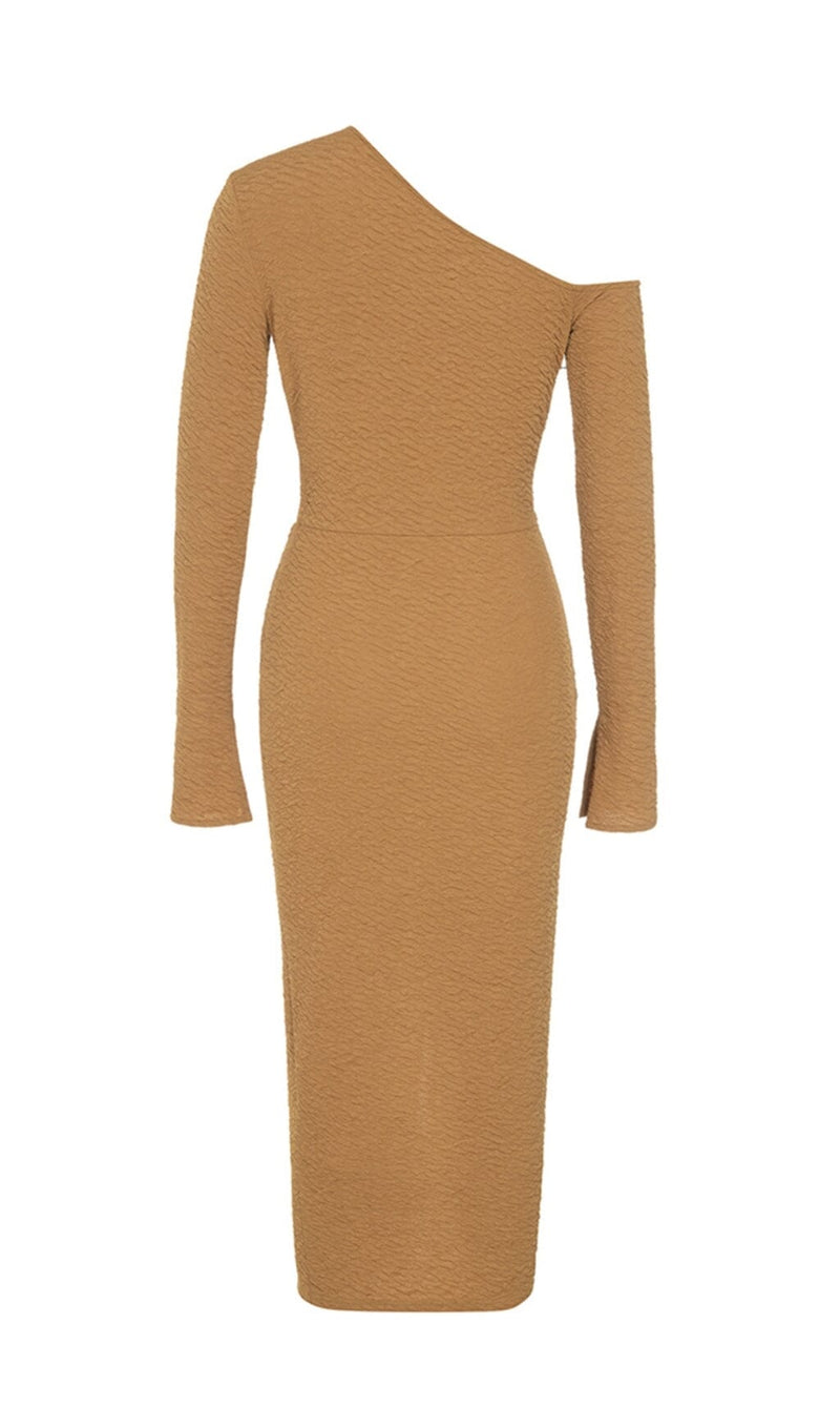 STRETCH JACQUARD ONE SHOULDER LONG SLEEVES MIDI DRESS IN KUMQUAT styleofcb 
