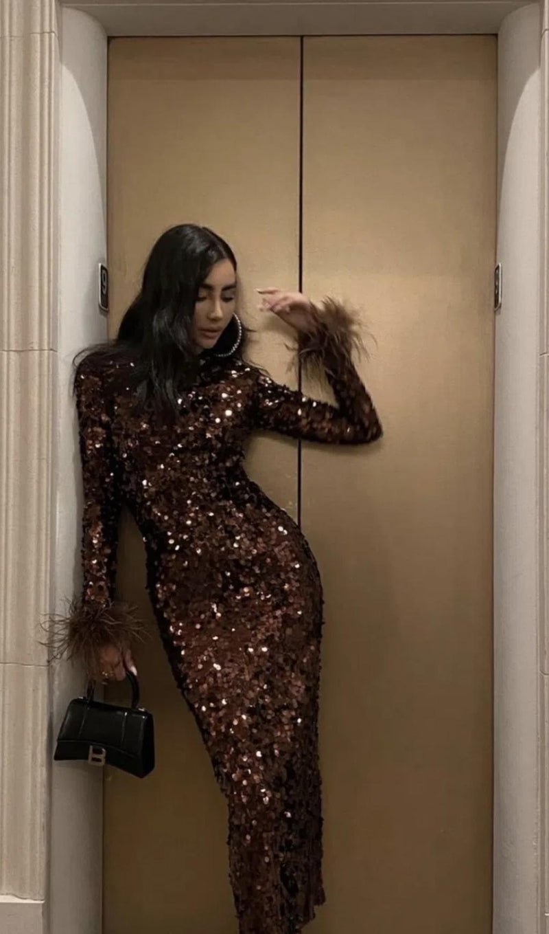 SEQUIN FEATHER LONG SLEEVES MIDI DRESS styleofcb 